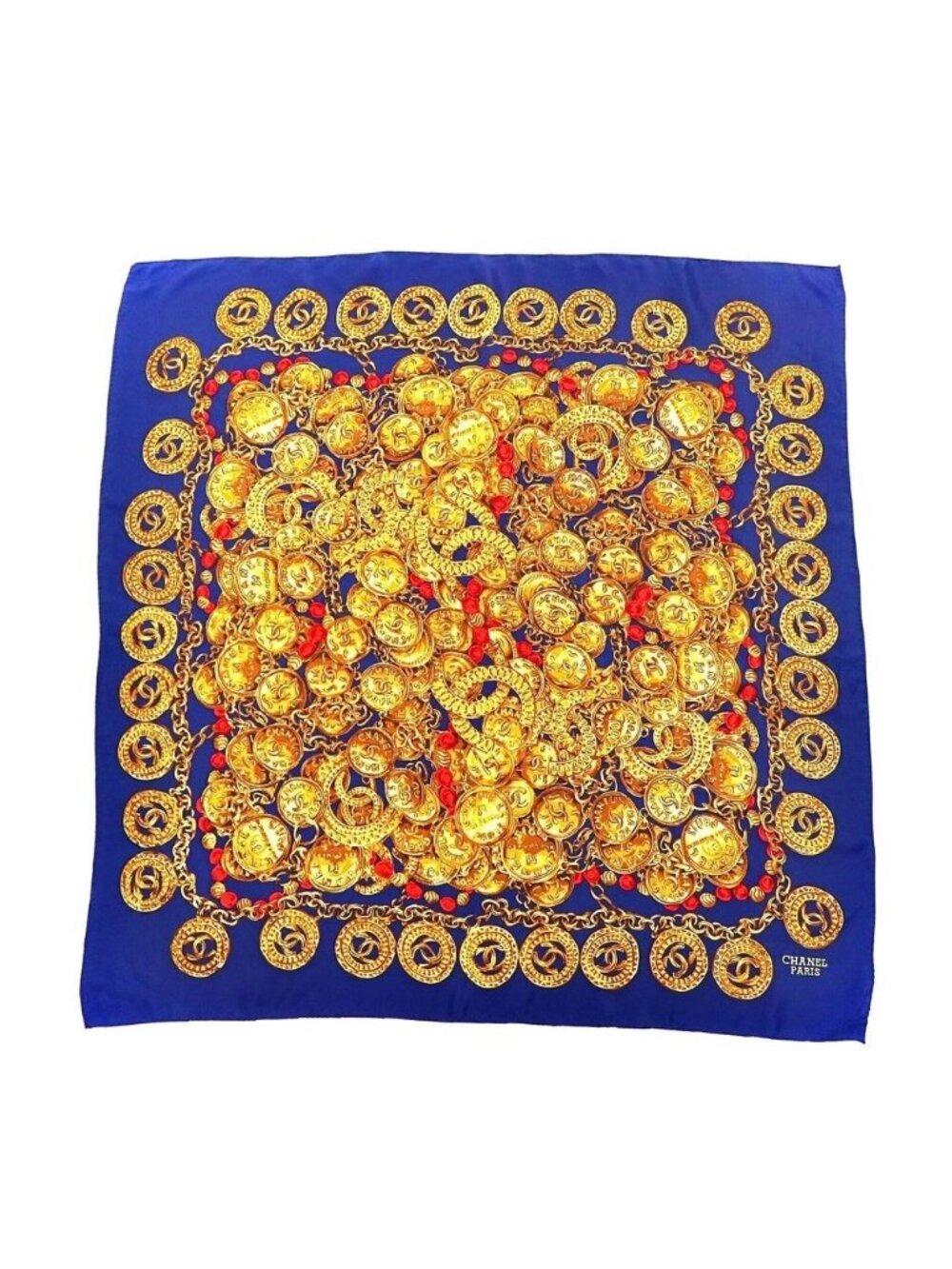 Chanel Scarf Navy Blue And Gold Silk All-Over Print Coco Mark Chain Jewelry